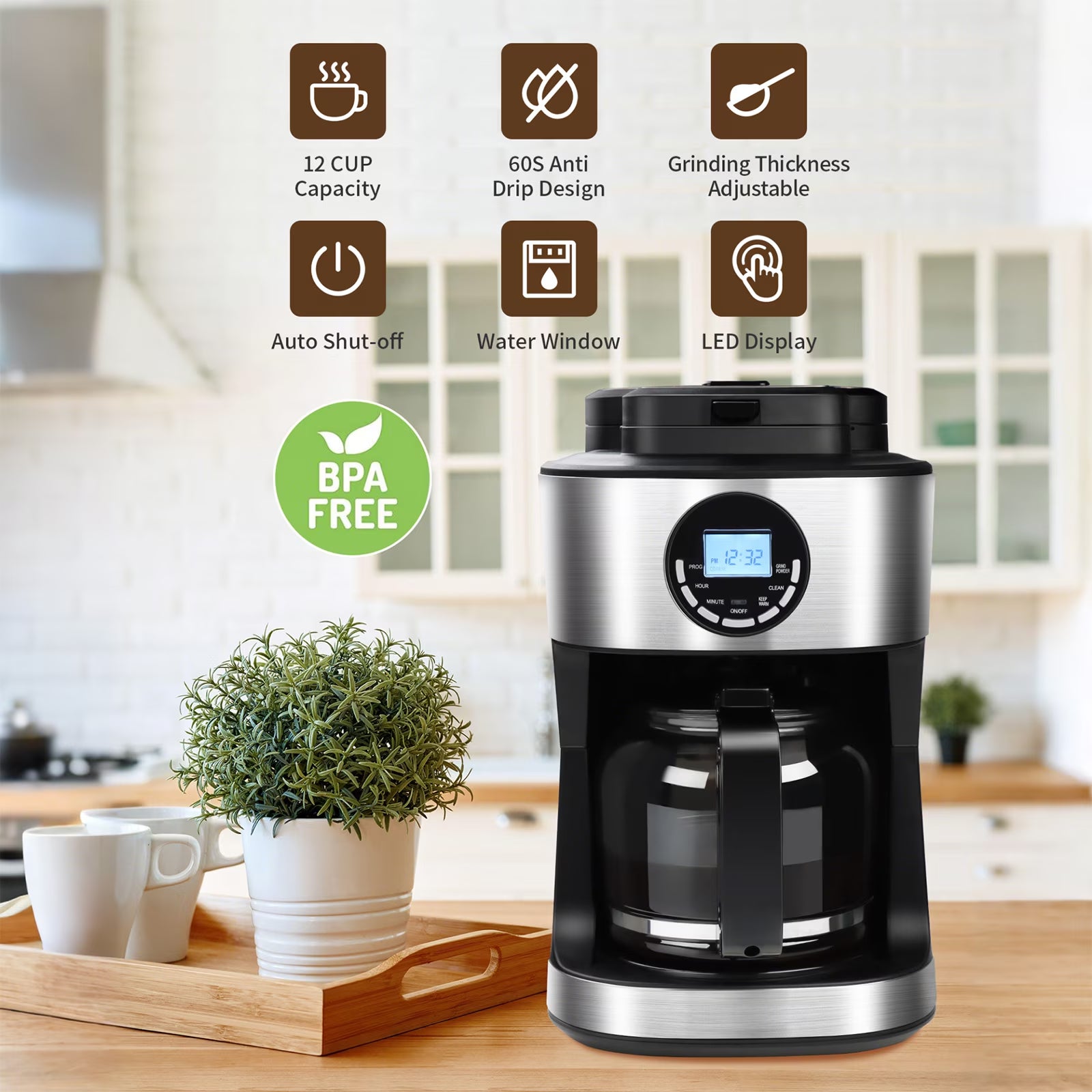 Coffee Maker with Grinder 12 Cups, Programmable Grind and Brew Coffee Machine with Warming Plate, Automatic Drip Coffee Pot with 60 Oz Glass Carafe BPA Free, 950W, Black
