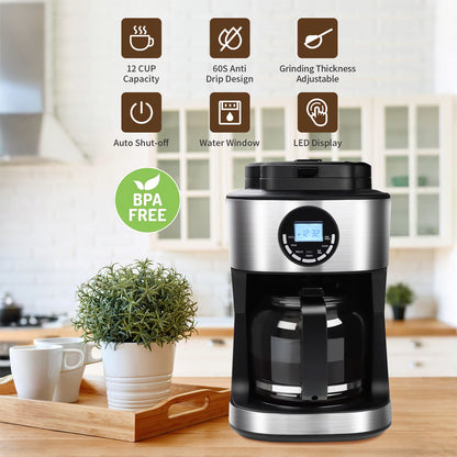 Coffee Maker with Grinder 12 Cups, Programmable Grind and Brew Coffee Machine with Warming Plate, Automatic Drip Coffee Pot with 60 Oz Glass Carafe BPA Free, 950W, Black