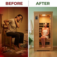 1 Person Extendable FAR Infrared Sauna for Home, Hemlock Wood Low EMF 6 Carbon Heaters Indoor Saunas with LED Lights, Bluetooth Speaker, Digital Control Panel, and Seating Bench — Before & After
