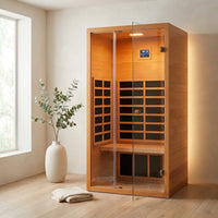 1 Person Extendable FAR Infrared Sauna for Home, Hemlock Wood Low EMF 6 Carbon Heaters Indoor Saunas with LED Lights, Bluetooth Speaker, Digital Control Panel, and Seating Bench — Studio Shot
