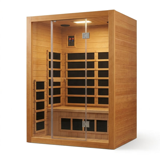 1 Person Extendable FAR Infrared Sauna for Home, Hemlock Wood Low EMF 6 Carbon Heaters Indoor Saunas with LED Lights, Bluetooth Speaker, Digital Control Panel, and Seating Bench — Studio Shot