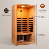 1 Person Extendable FAR Infrared Sauna for Home, Hemlock Wood Low EMF 6 Carbon Heaters Indoor Saunas with LED Lights, Bluetooth Speaker, Digital Control Panel, and Seating Bench — infographic