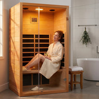1 Person Extendable FAR Infrared Sauna for Home, Hemlock Wood Low EMF 6 Carbon Heaters Indoor Saunas with LED Lights, Bluetooth Speaker, Digital Control Panel, and Seating Bench — Lifestyle