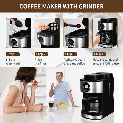 Coffee Maker with Grinder 12 Cups, Programmable Grind and Brew Coffee Machine with Warming Plate, Automatic Drip Coffee Pot with 60 Oz Glass Carafe BPA Free, 950W, Black