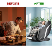 4D Deluxe Gray and Black Zero Gravity and Space Saving Faux Leather Heated Massage Chair with Sl-Track and Bluetooth — Before & After