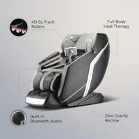 4D Deluxe Gray and Black Zero Gravity and Space Saving Faux Leather Heated Massage Chair with Sl-Track and Bluetooth — infographic