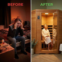 Infrared Sauna Built for Daily Wellness, Low EMF Carbon Panels, Canadian Hemlock, LED Controls, Bluetooth — Before & After