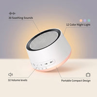 Sound Machine Night Light White Noise Machine with 30 Soothing Sounds 12 Colors Night Light Sleep Machine for Baby Kids Adults Brown Pink Nosie Machine with 32 Volume Levels for Office Home Travel — infographic